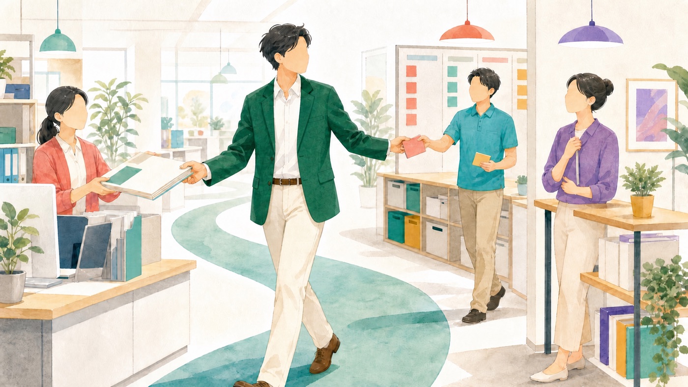 簿記2級合格後、会計資料を手に多様なチームと次の道を選ぶ40代のイメージ
