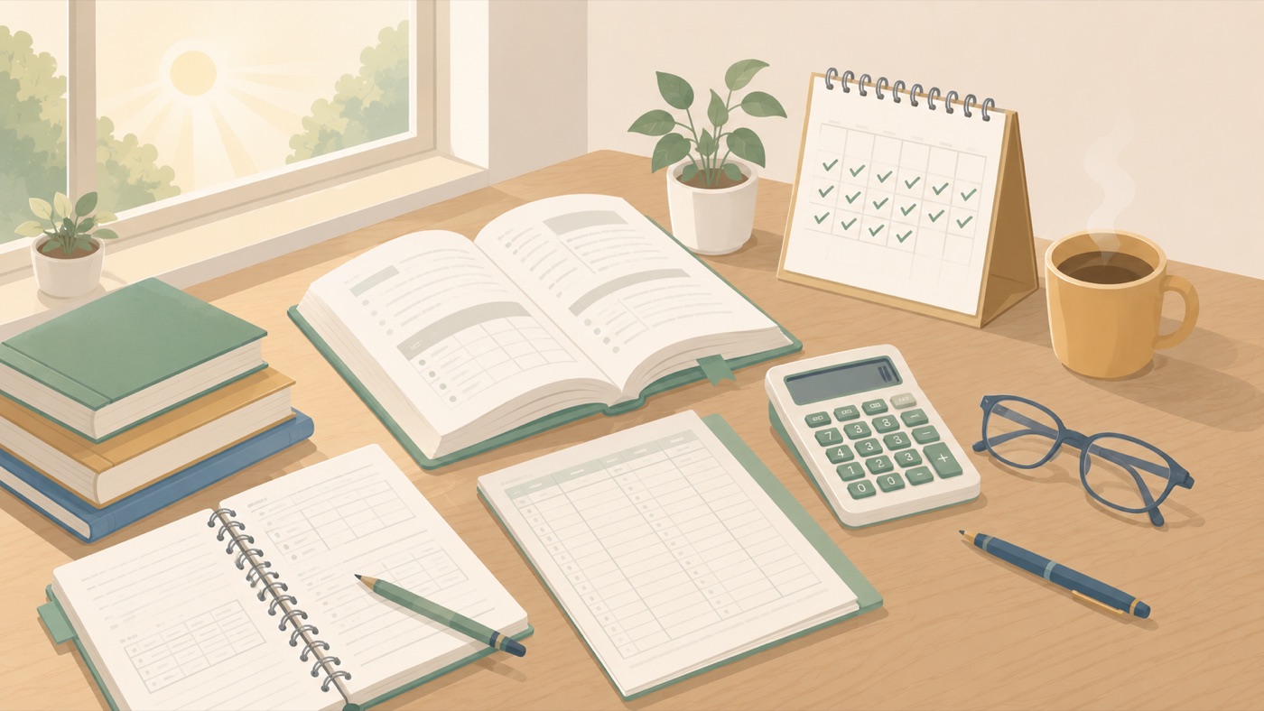 朝の窓辺で参考書を開きカレンダーにチェックを重ねて簿記3級の勉強を継続する40代の学習習慣のイメージ