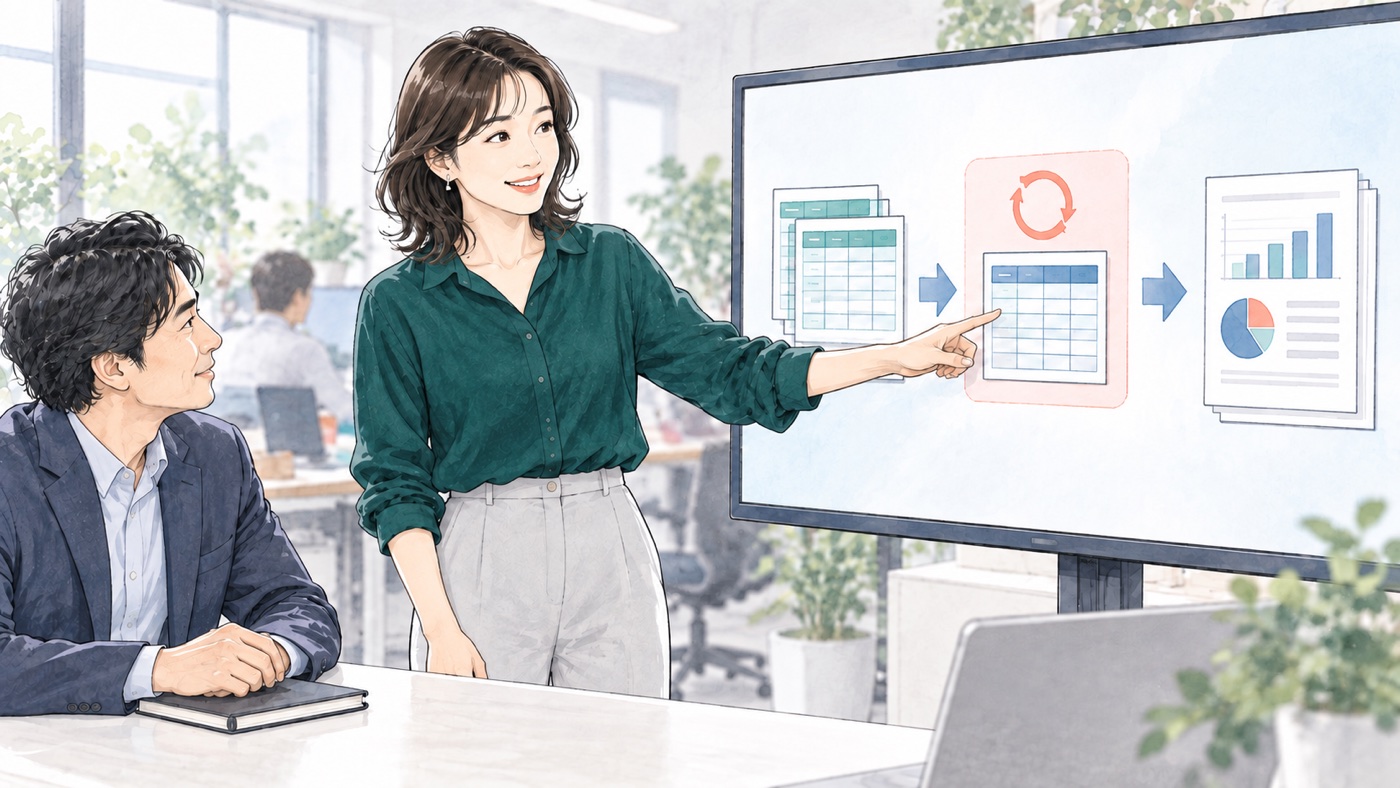 Excelの反復作業を小さな自動化へ変え、チームへ説明する40代のイメージ