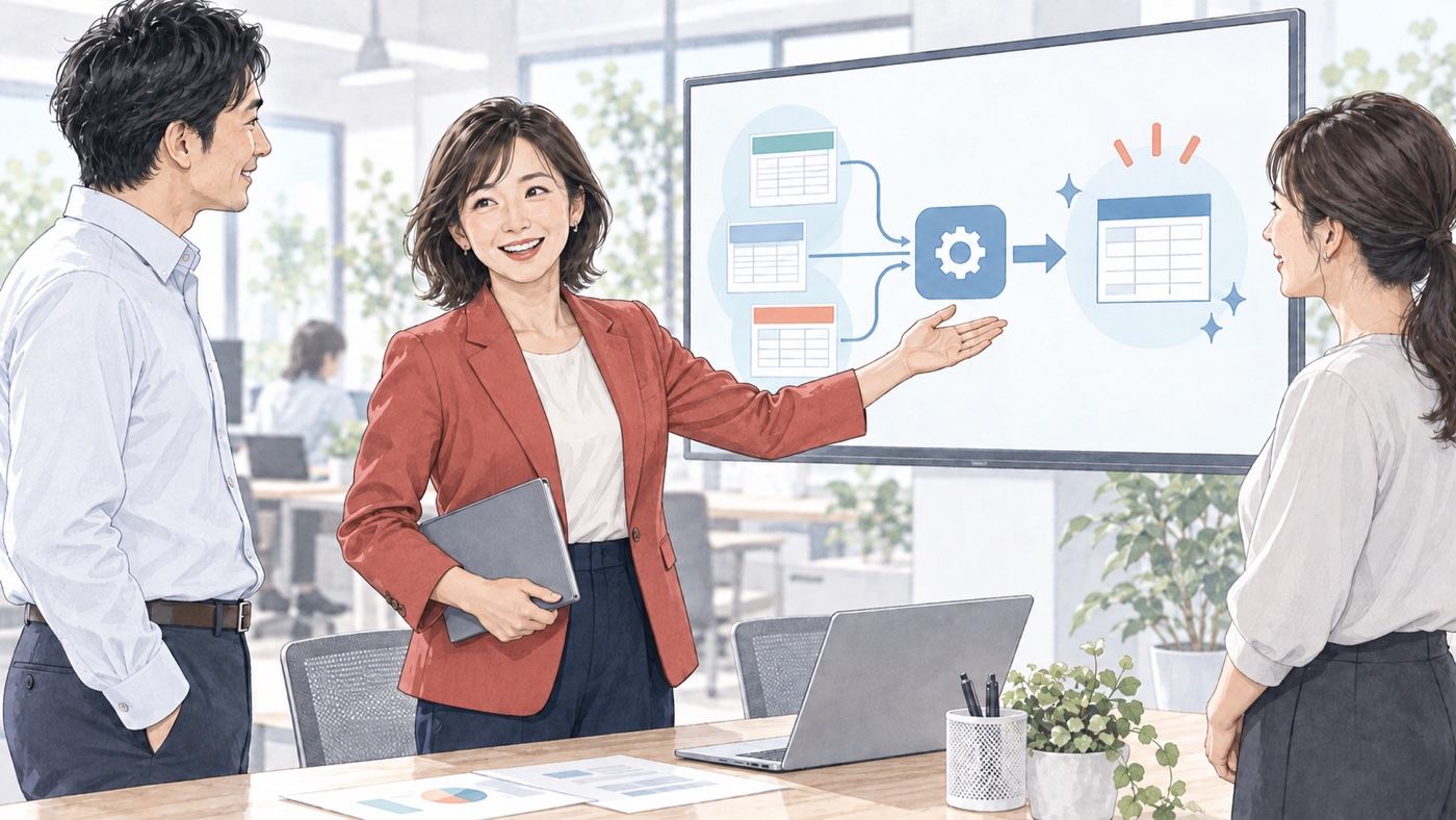 小さなVBA処理を検証・手順化し、多様なチームへ引き継ぐ40代のイメージ