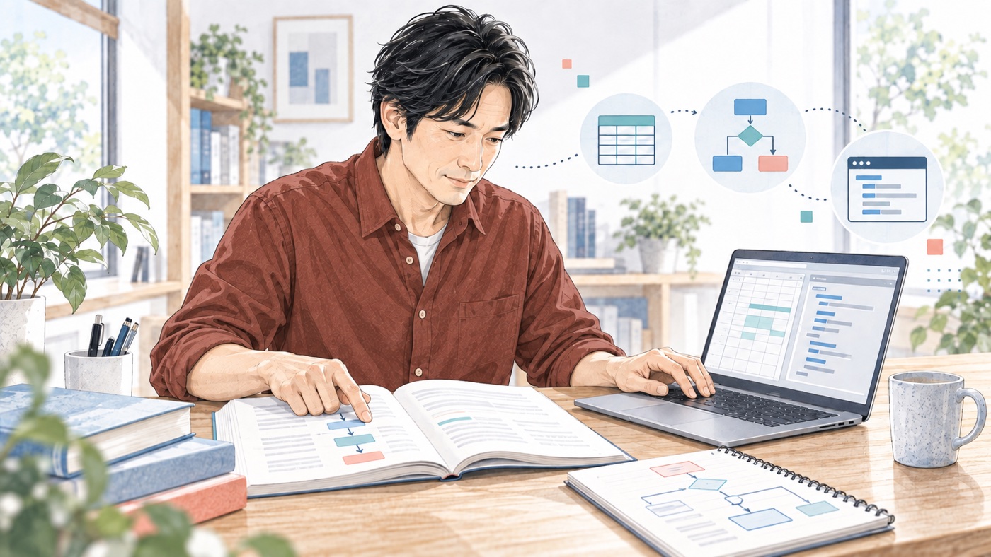 VBAコードを試して結果を確認し、遠隔チームへ共有する40代の学習イメージ
