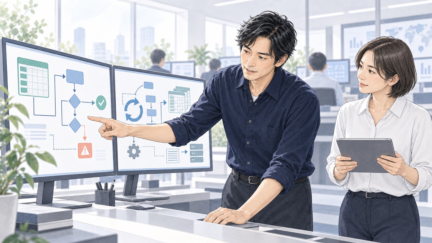 複雑なVBA処理の流れを示し、チームと解決する40代のビジネスパーソン