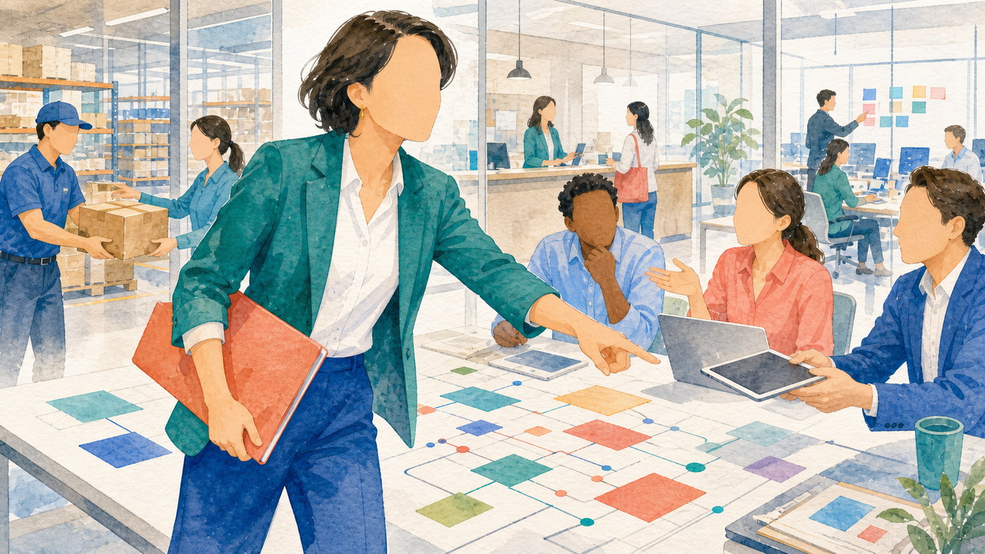 デジタル基盤を使い、多様な事業チームと業務を動かす40代のイメージ