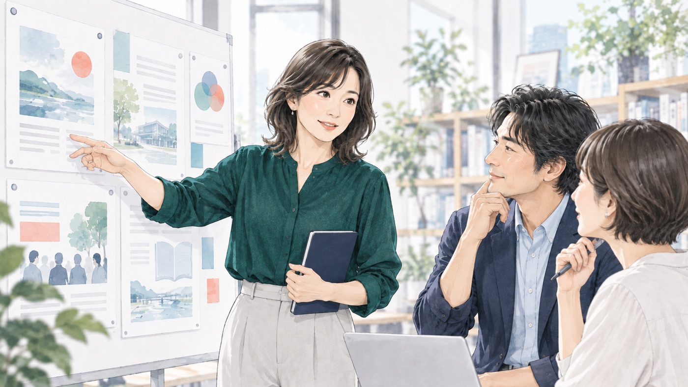 漢字の学びを企画資料の改善へ活かし、同僚に説明する40代のイメージ