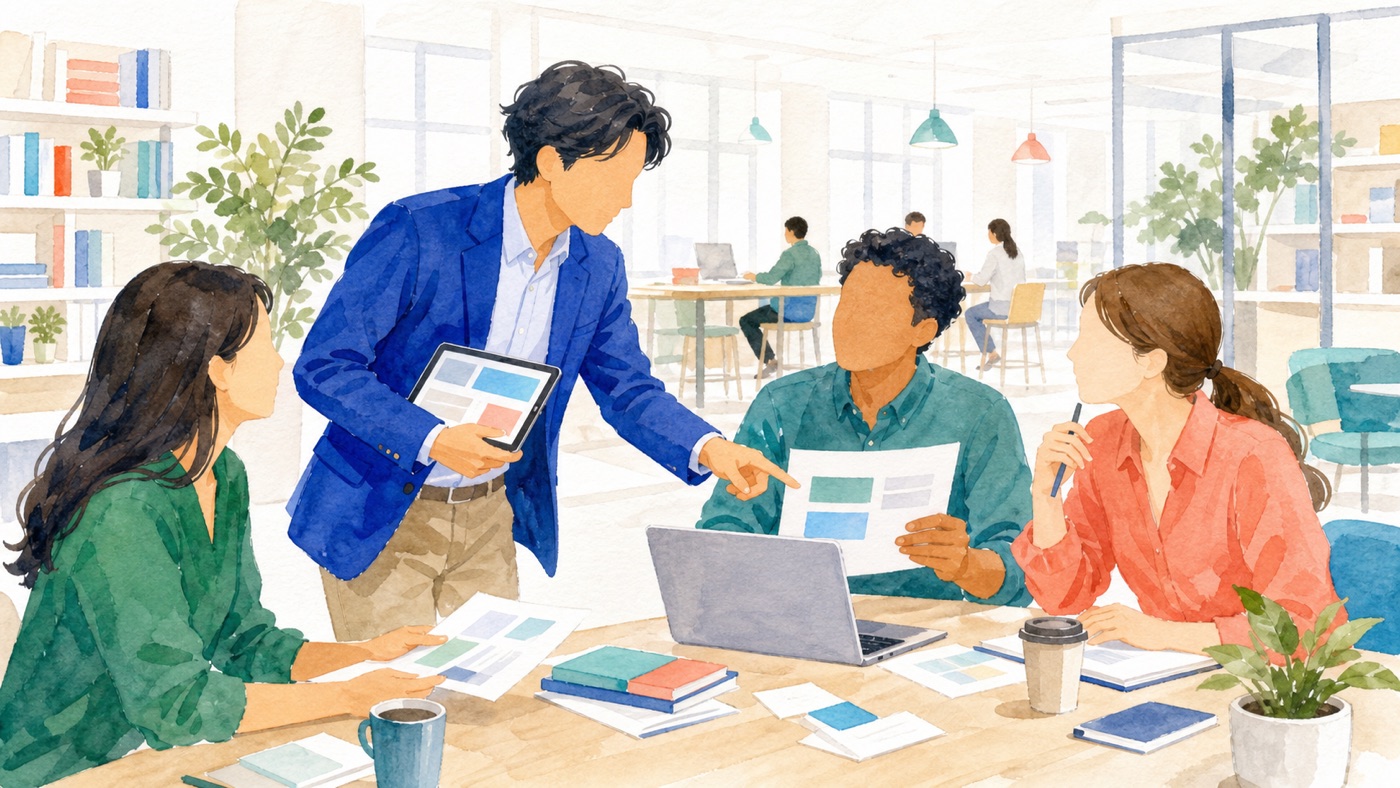 日本語資料を多様な同僚と確認し、仕事で使える表現を学ぶ40代のイメージ