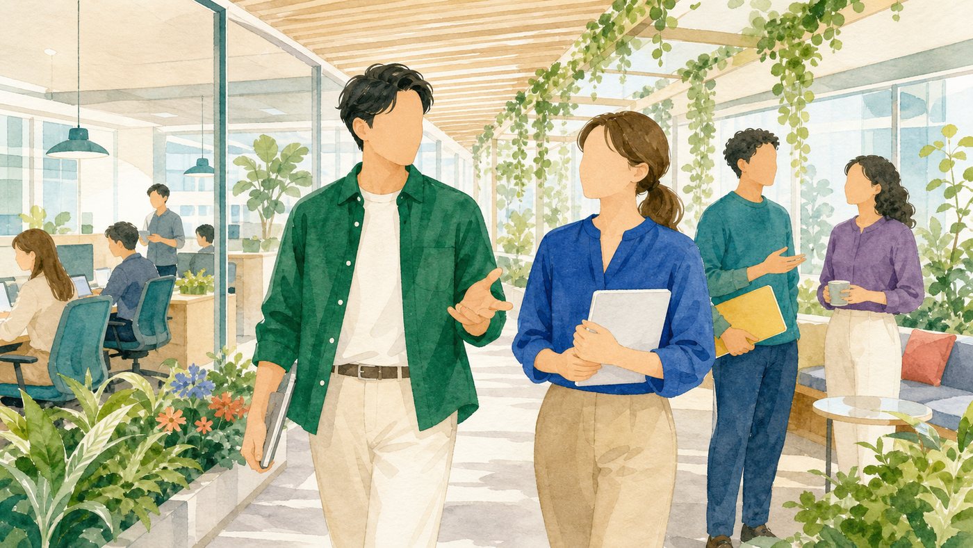 緑のある国際職場で同僚へ声をかけ、対話と休息を支える40代のイメージ