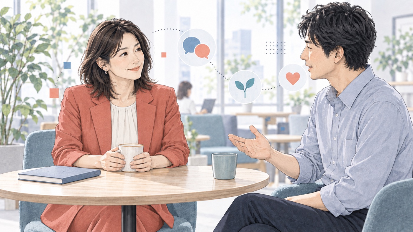 緑のある国際職場で同僚へ声をかけ、対話と休息を支える40代のイメージ