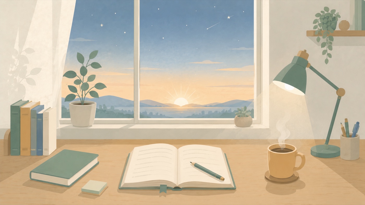夜明けの窓辺で参考書を開き、デスクランプとコーヒーとともに早朝に勉強する40代の朝の学習習慣のイメージ