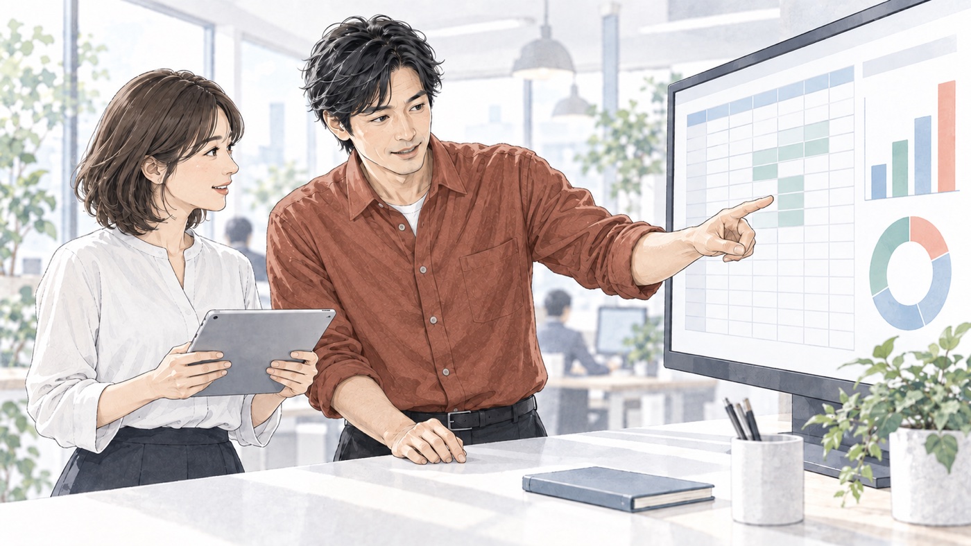 表計算データを画面で示し、同僚へ分析結果を説明する40代のイメージ