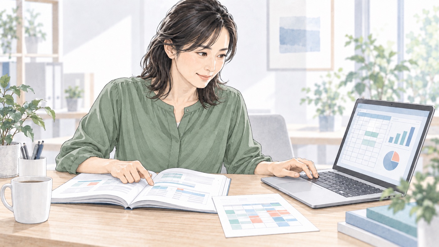 Excelの操作課題を仲間と反復し、業務データで確認する40代の学習イメージ