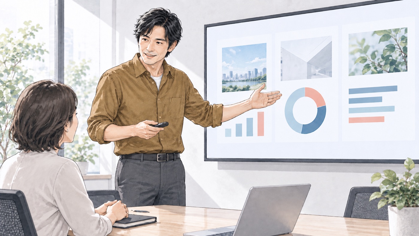 会議室でスライドの図表を説明し、同僚と内容を共有する40代のイメージ