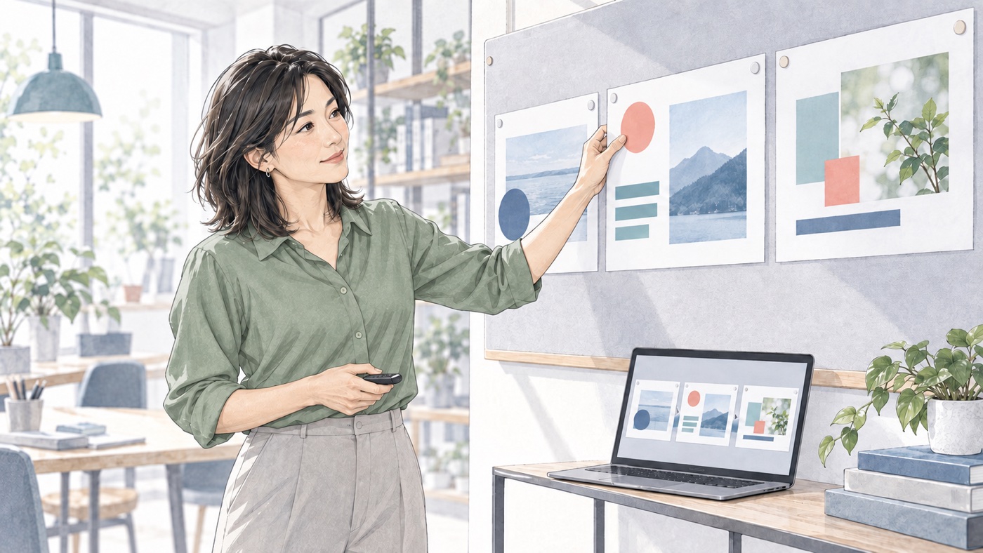 スライド構成を組み替え、仲間と発表練習を重ねる40代のイメージ