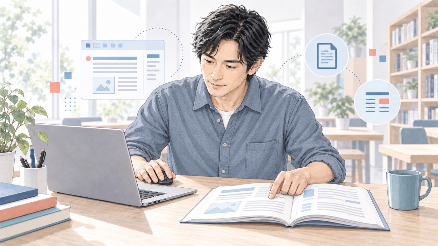 MOS Word 365の教材とパソコンで文書の操作を確かめる40代の学び直しイメージ