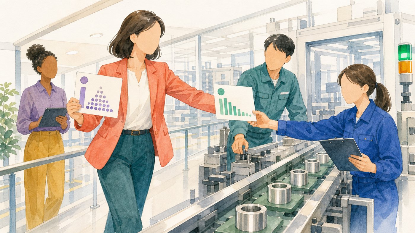 国際データ会議で分析結果を示し、仕事での活用を提案する40代のイメージ