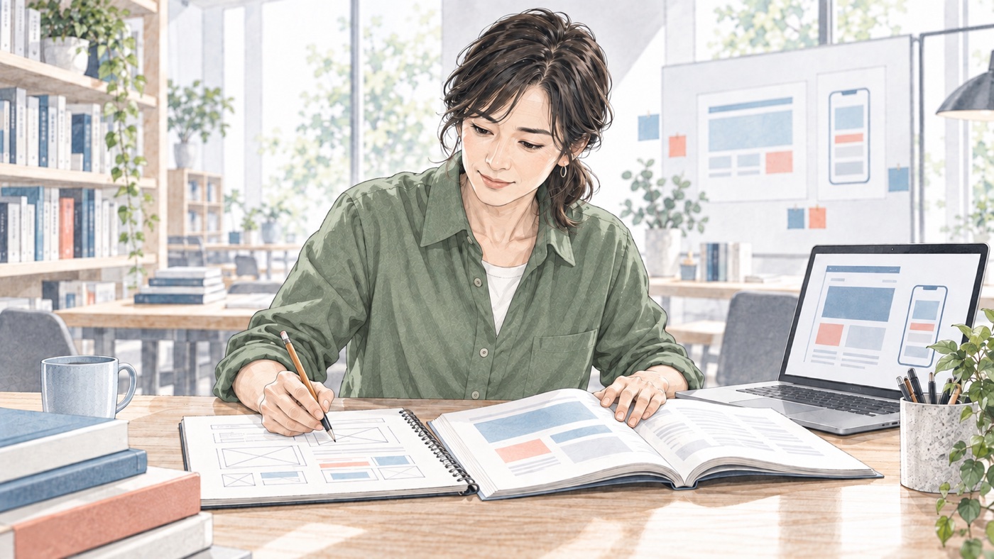 HTMLとCSSの画面を組み替え、複数端末で仲間と確認する40代の学習イメージ