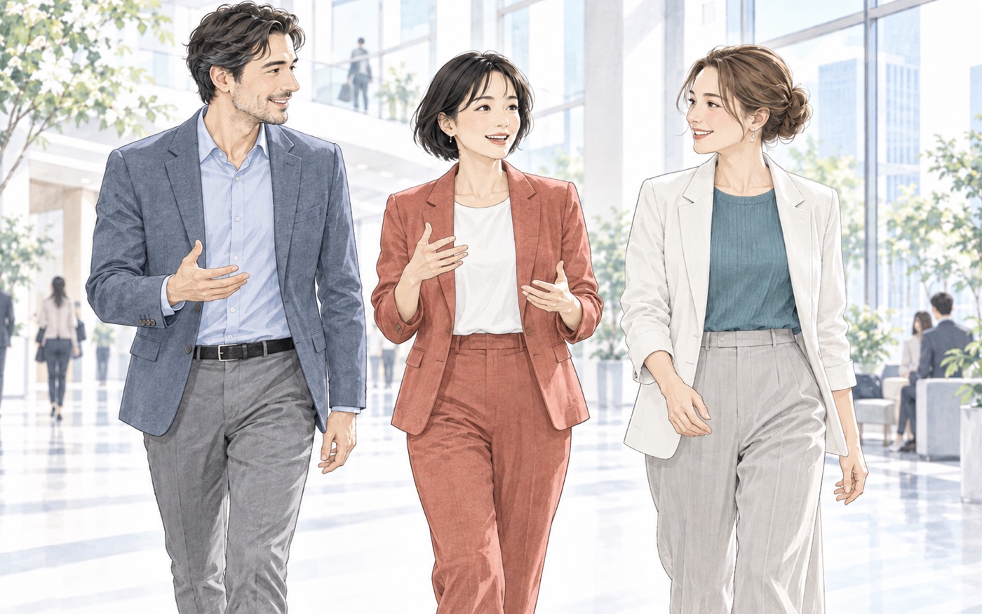 国際的な仕事の場を歩きながら新しい学びへ進む40代のイメージ